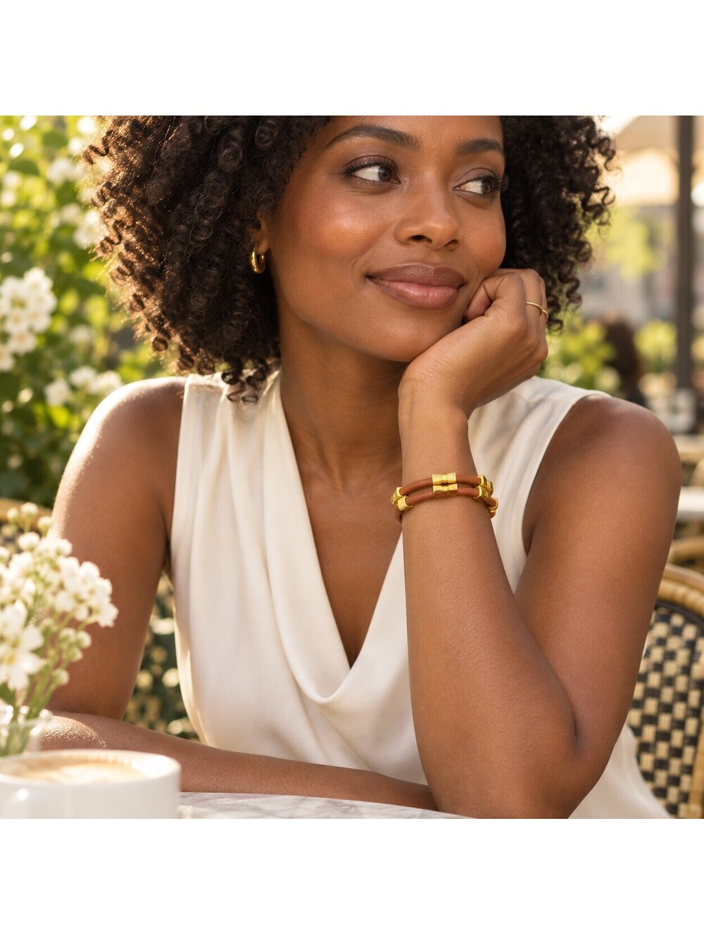Cognac Brown Double-Wrap Bracelet with Gold-Tone Bow Accents